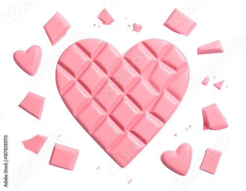 pieces of handmade heart shaped pink chocolate bar isolated on transparent png