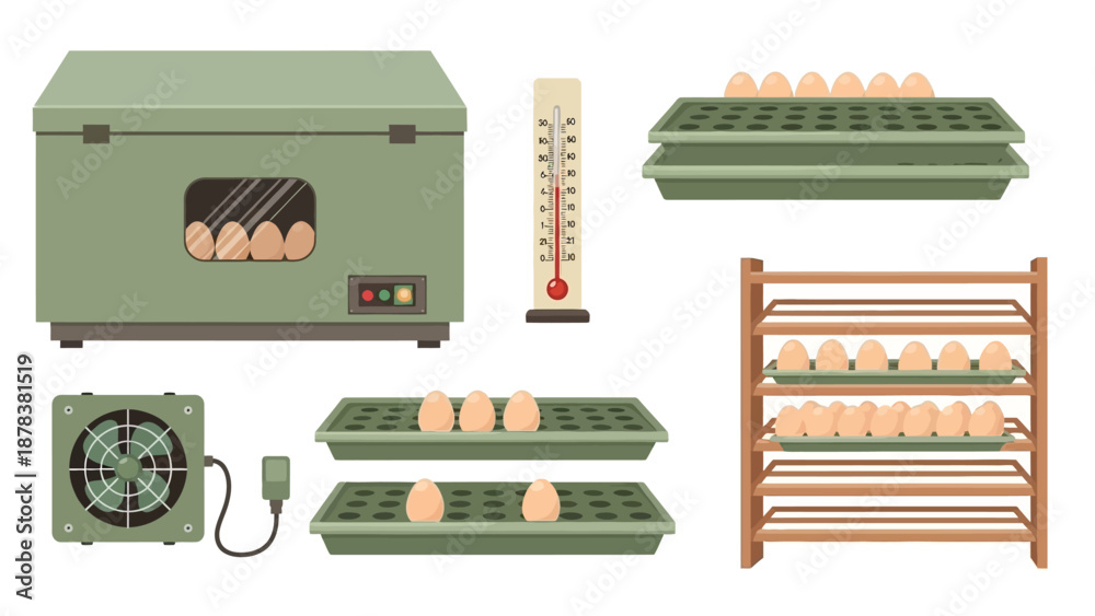 Naklejka premium Poultry Egg Incubation Equipment with Trays and Thermometer for Hatchery.