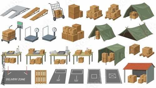 Assorted camping tents, crates, boxes, pallets, and shelter setup for outdoor leisure scenes and temporary storage displays.