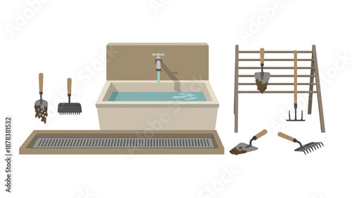 Cozy bedroom setup featuring bed, rug, shelves and ladder with tools and minimalist furniture in a lived-in interior scene.