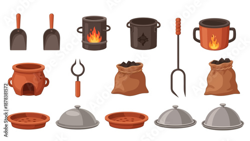 Collection of illustrated clay pots, cauldrons, and cookware icons in rustic pottery style.