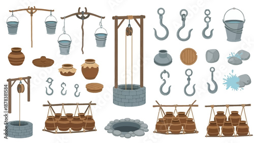 Vintage farm and dairy equipment collection featuring hanging buckets, pulleys, hooks, and rustic wood tools.