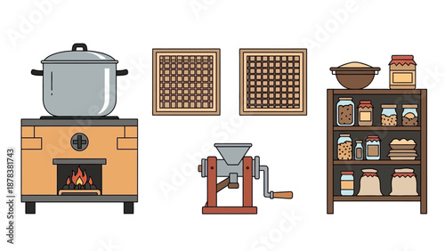 Cozy vintage kitchen setup with stove, scale, grinders and shelves.