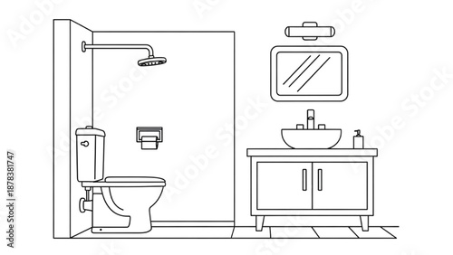 Modern Bathroom Interior Line Art Illustration with Shower, Toilet, and Sink for Design Concepts