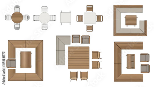 Comprehensive top-down view of various modular outdoor patio furniture arrangements and design concepts for modern living spaces