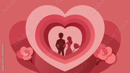 A Romantic Flat Illustration showing a couple in silhouette inside concentric hearts perfect for a tender Valentine's Day or relationship concept
