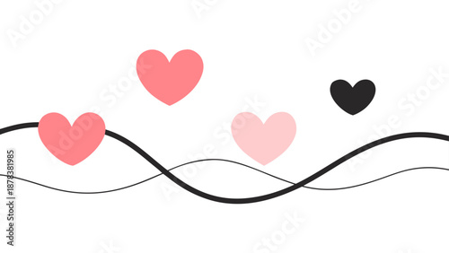 Minimalist Romantic illustration showcasing pink hearts and a single black heart with elegant wavy lines on a clean white background for love themes.