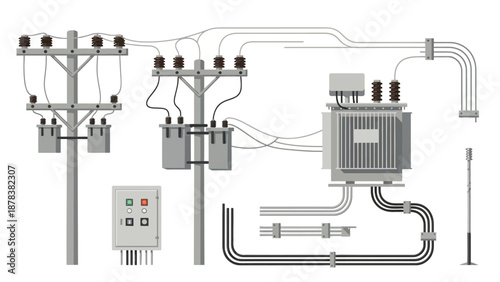Industrial electrical substation equipment showing transformers, wires, and meters.