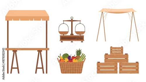 Vibrant outdoor market stalls with fruit, baskets, scales, and wooden crates.