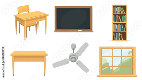 Interior of a small classroom featuring desks, a chalkboard, shelves of books, a ceiling fan and a window.