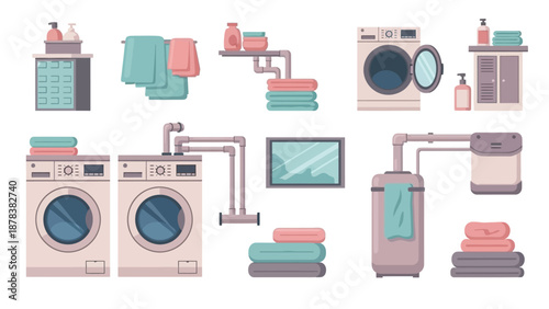 Cozy home laundry room with washing machines, folded clothes, and organized shelves for everyday chores.