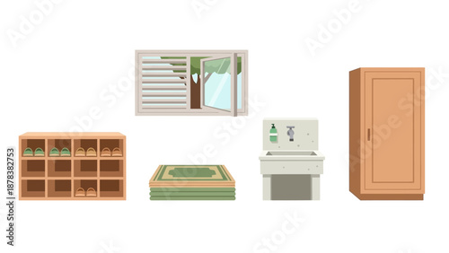 Cozy contemporary home interior featuring wooden furniture and compact appliances in a tidy space.