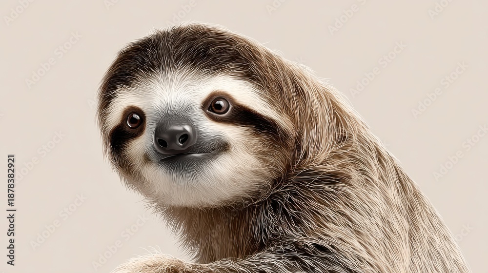 Obraz premium Cute and Fluffy Sloth Smiling with Bright Eyes Against Neutral Background
