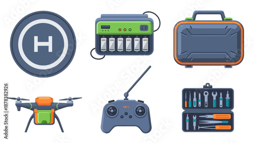 Collection of technology devices and tools including drone, game controller, and toolbox icons.