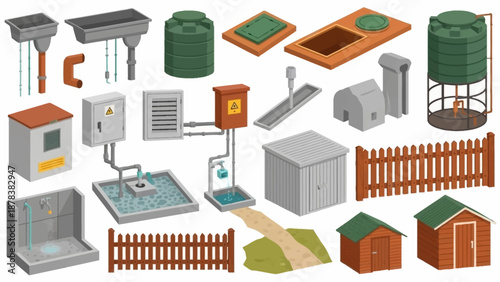 Assorted Rural Farm Equipment and Fencing Items Arranged in a Collage.