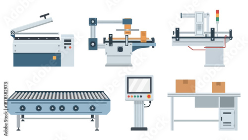 Industrial manufacturing machinery and equipment in a textile production facility with conveyors, sewing stations, and packaging.