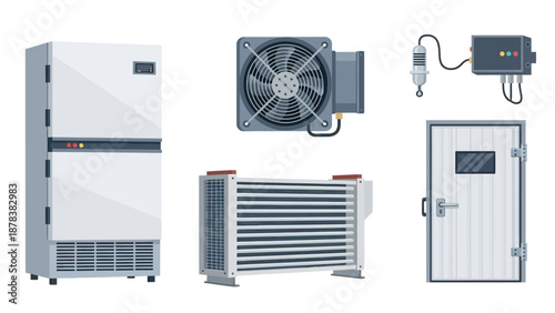 Industrial HVAC equipment including outdoor condenser unit, fan, coils, and related components for ventilation and cooling systems.