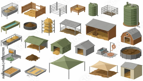Isometric collection of various furniture icons including shelves, desks, chairs, tents, and storage units in a stacked, organized layout.