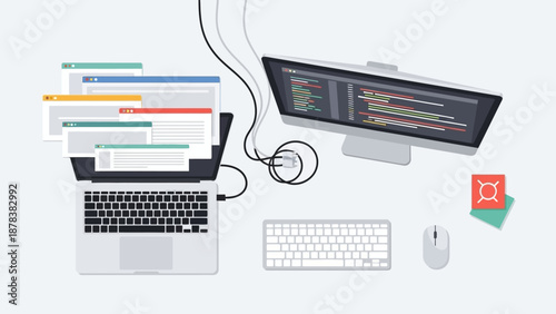 Modern computer setup on a clean desk featuring laptop, monitor, keyboard, and scattered documents in a productive workspace.