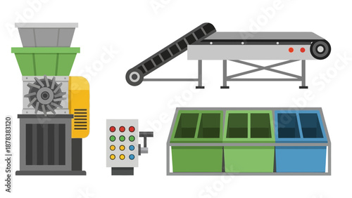 Illustrated factory production line with conveyor belts, sorting bins, and assembly workflow.