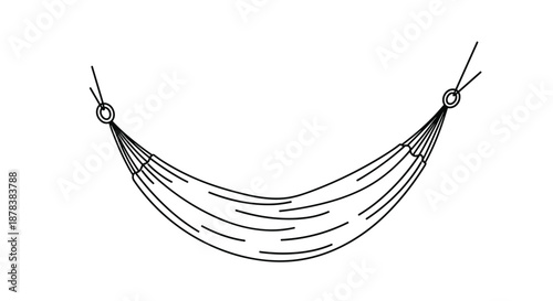 Simple black line drawing of a hanging fabric hammock represents relaxation, vacation, and leisure time outdoors in a garden or on a beach.