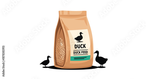 Large paper bag of duck feed with a duck silhouette logo is shown alongside two small duck silhouettes on a clean white background area.