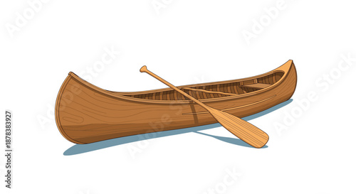 Classic wooden canoe with a single paddle leaning against it is illustrated against a white background with a soft shadow for outdoor themes.