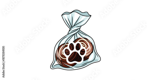 Clear plastic bag filled with brown swirl dog treats, featuring a white paw print symbol on the front, isolated on white.