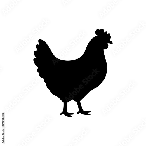 Chicken silhouette vector isolated on white background. Hen profile icon for farm logo, poultry business, organic food branding, and minimalist animal design.