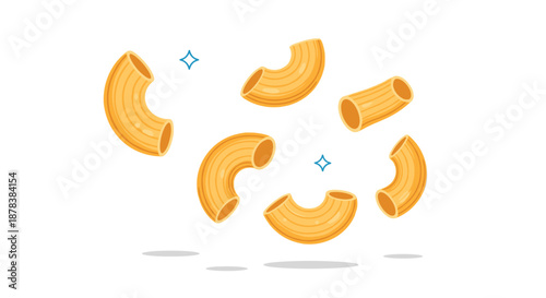 Group of yellow elbow macaroni pasta pieces floating or falling through the air, isolated on a white background with stars.