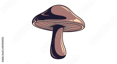 Detailed shaded illustration of a single brown mushroom with gills visible under the cap stands alone on a plain white background for nature art.