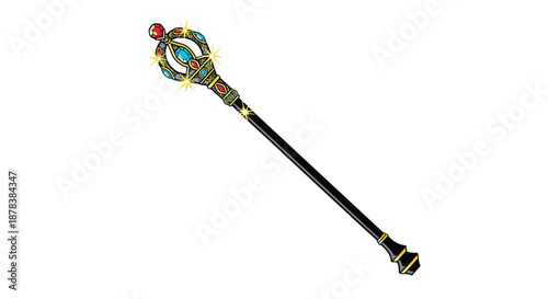 Ornate royal scepter adorned with colorful gemstones and golden accents sparkles elegantly against a white background to symbolise monarchy.