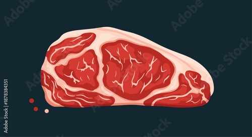 Marbled raw beef steak with fat trimmings is illustrated in great detail against a dark background with small seasoning dots for culinary use.