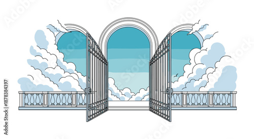 Ornate metal gates stand wide open leading into a serene sky filled with fluffy white clouds and a soft blue horizon line representing heaven.