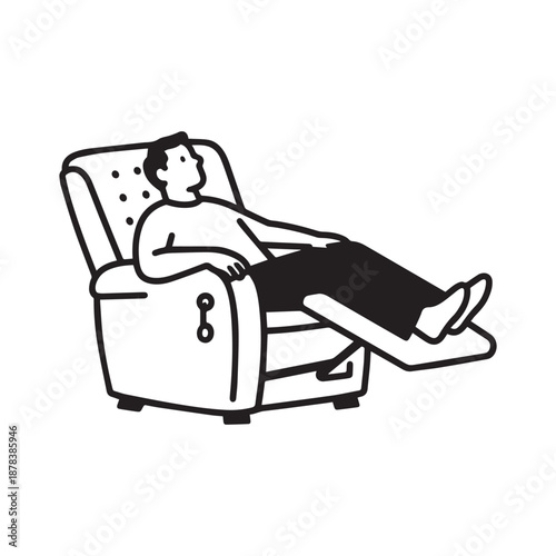 Man Relaxing In Recliner Armchair With Feet Up Black Silhouette Vector Illustration.