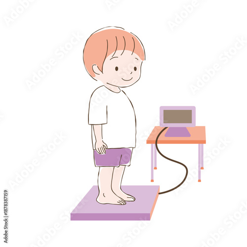 体重計に乗って測定をしている少年のイラスト