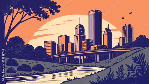 Houston skyline illustration with bridge and greenery, ideal for travel promotions, city guides, infographic designs, and urbanthemed projects.