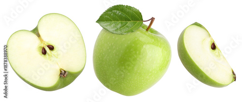 green apple with leaves, half and slice isolated, transparent PNG