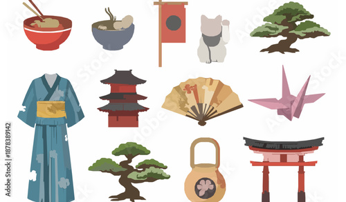 Collection of Japanese cultural elements and travel symbols flat vector design