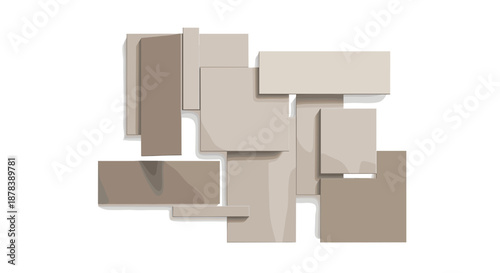 Geometric arrangement of drywall panels isolated against a clean white background, featuring overlapping rectangular shapes in neutral tones with soft shadows