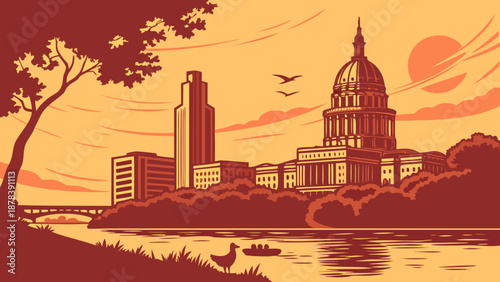 Austin skyline at fiery texas sunset, vibrant cityscape in golden light. Suitable for travel websites, texas tourism brochures, urbanthemed designs.