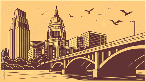 Austin skyline with birds, buildings, and a bridge in a vibrant cityscape panorama. Suitable for travel brochures, website banners, and promotional materials.