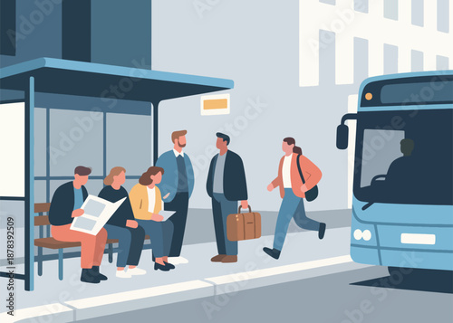 People Waiting for the Bus to Arrive Illustrator Artwork Creative Design Template 