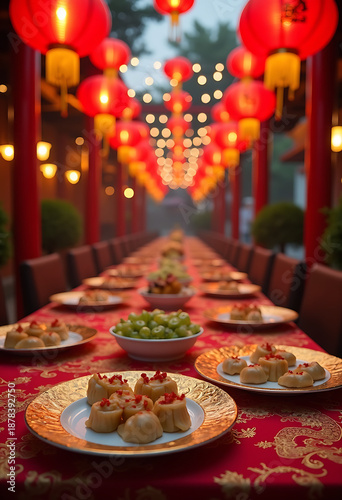 grand lunar new year banquet table outdoors, glowing red lanterns, gold dragon plates, dumplings, 8k