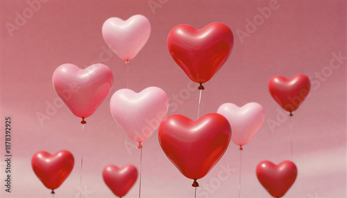 Bunch of Red and Pink Heart Shaped Balloons Floating for Valentine's Day and Romantic Occasions. 