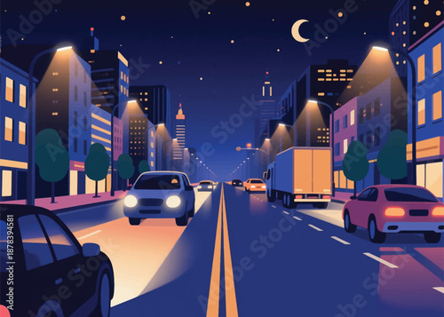 Transportation Vehicles at Night in the City Illustrator Artwork Creative Design Template 