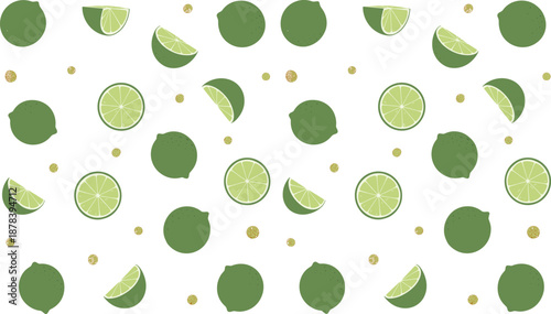 Seamless green lime citrus pattern vector with sliced and whole fruits for summer, kitchen, packaging backgrounds