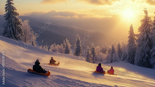 Friends enjoy sledding down a snowy hill at sunset in a winter wonderland setting with trees in the background