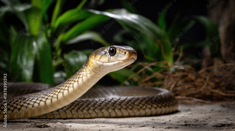 Obraz premium Close-Up of a Snake with Detailed Scales and Surrounding Foliage