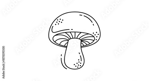 Minimalist line art illustration of a single mushroom with decorative dots on the cap against a plain white background for simple art decor.